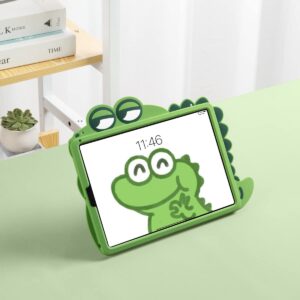 Laetass Cartoon Silicone Child Protective Cover for 2021 iPad Mini 8.3" 6th Gen A2567 A2568 A2569 with Adjustable Stand Cover, Cute Cartoon Little Dinosaur Design Shockproof Silicone Case (Green)