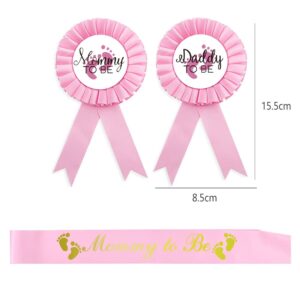 CoolerthingsDG, 3pcs, Daddy to be & Mommy to be Tinplate Badge Pink pin and one pink sash for mommy to be, with gold Letters, - Baby Shower Button New Dad Gifts Gender Reveals Party Baby Girl White and Pink Rosette Button Baby Celebration ( pink footprint