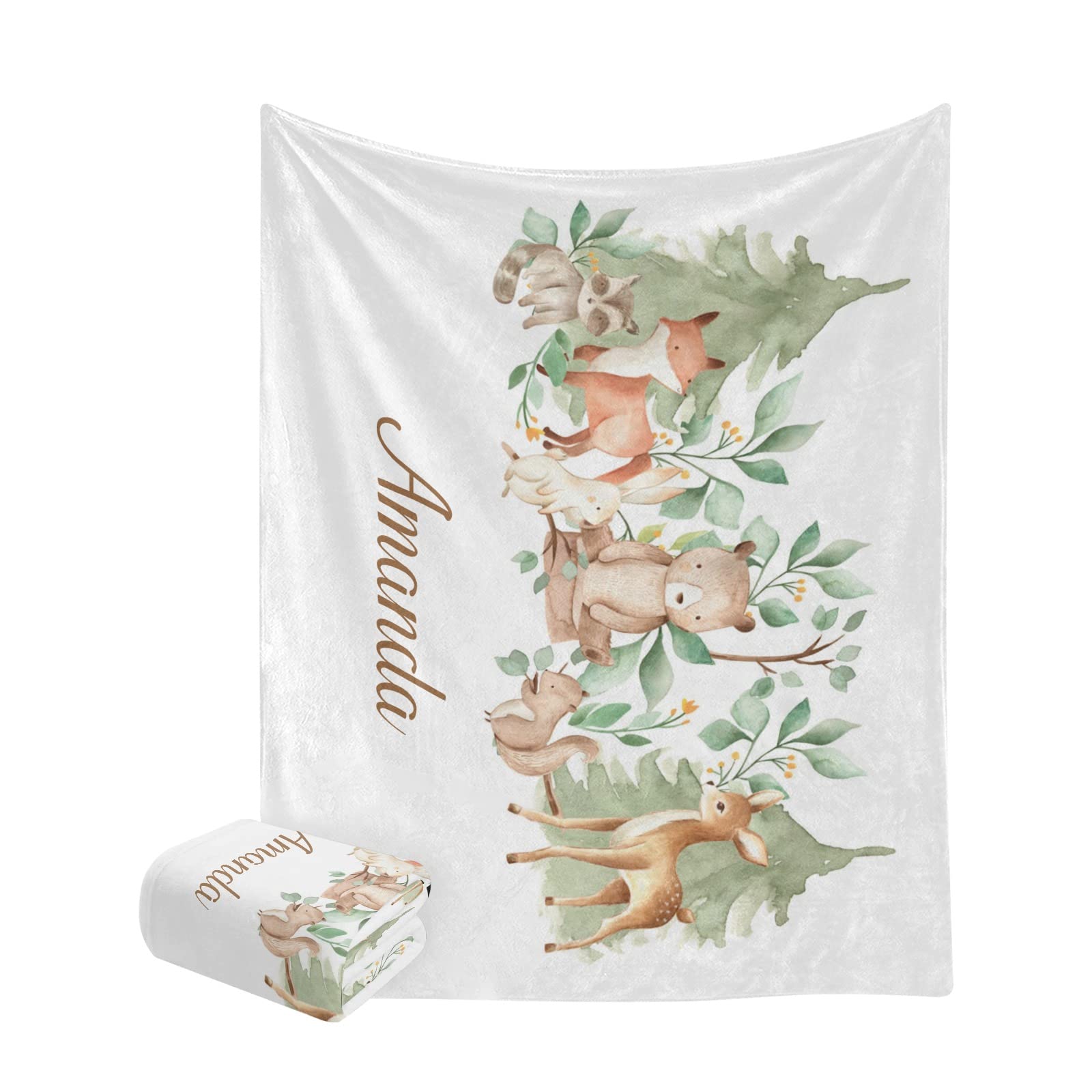 Animals Woodland Forest Personalized Baby Blanket for Girls Boys with Name Custom Soft Fleece Swadding Blankets 30'' x 40'' for Newborn Baby Infants Kids