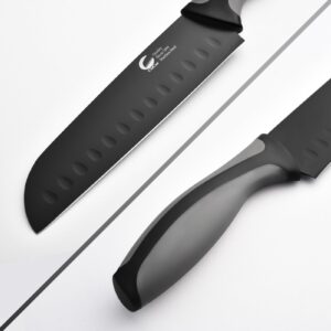 CuCut Kitchen Knife, 3 Pcs Knife Set with Multifunctional Kitchen Scissors, Santoku Knife, Paring Knife, Black Knife Set for Chef Paring Cutting Slicing Dishwasher Safe (Anti-Slip Handle)