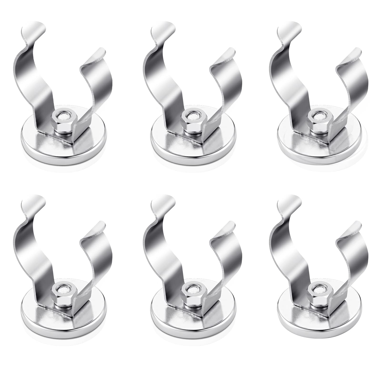 LEIFIDE Magnetic Hook Round Base Magnet Fastener with Steel Clip Chrome Plate Magnetic Tool Holder Heavy Duty Magnetic Holder for Indoor Outdoor Hanging Kitchen Home Organization (6, Silver)