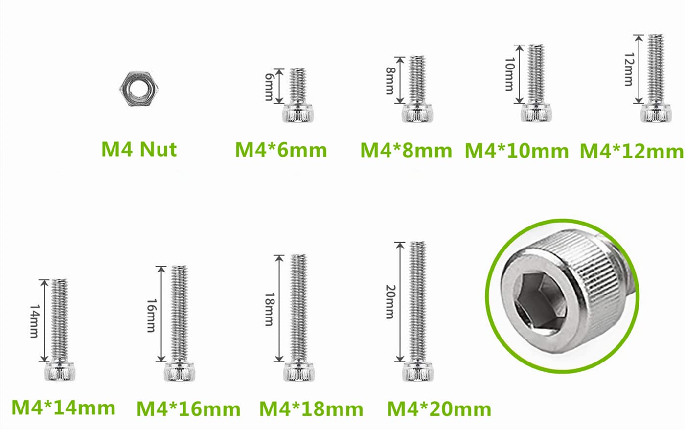 Elantek 160Pcs Metric M4 304-Stainless Steel Hex Socket Head Cap Screws Nuts Assortment Kit- M4 x 6mm/ 8mm/ 10mm/ 12mm/ 14mm/ 16mm/ 18mm/ 20mm