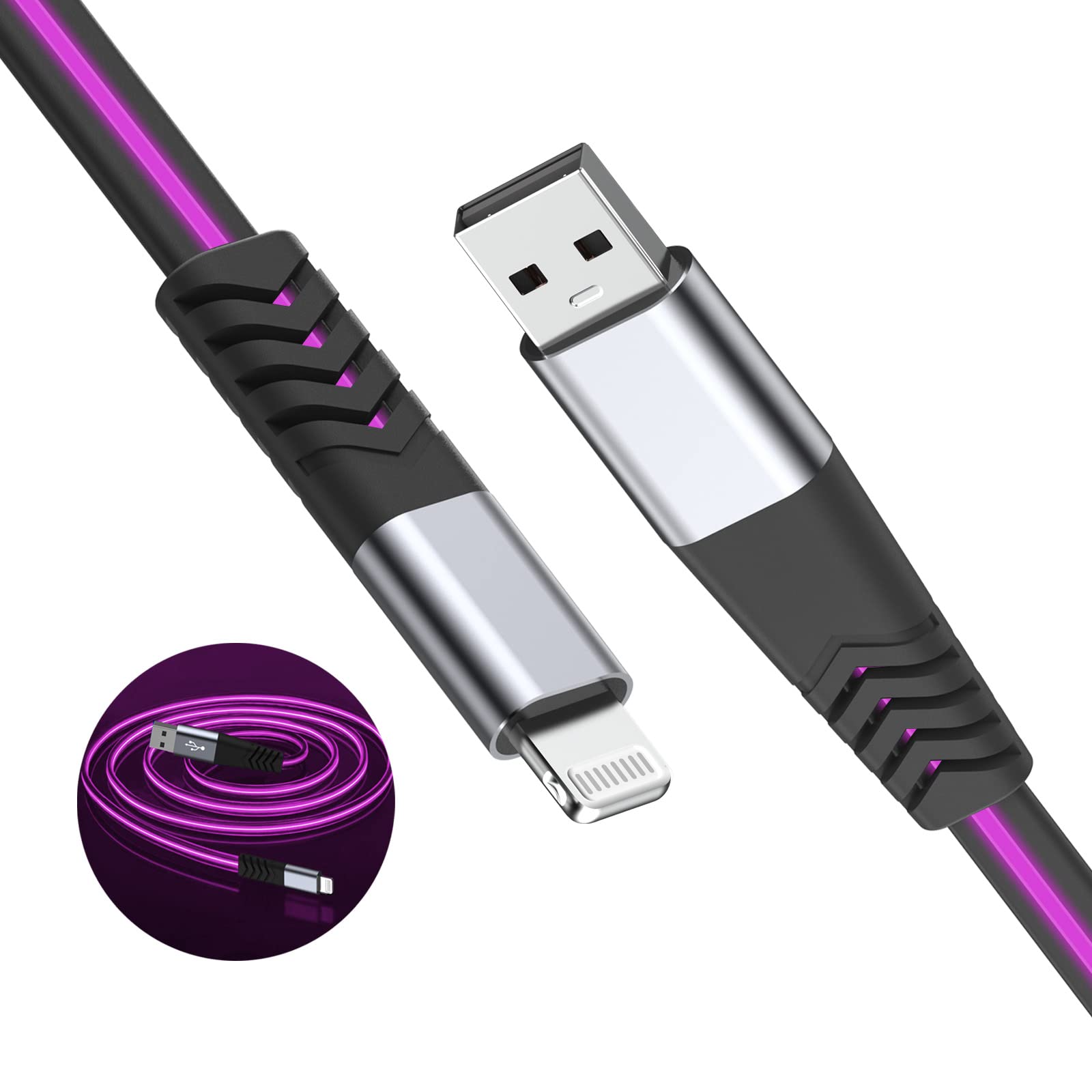 Light up iPhone Charger Cord, 6FT LED Lightning Cables | Apple MFi Certified | USB Fast Charging Cord for Apple iPhone 13 12 11 Pro Max XR XS X/8Plus/7Plus/6Plus/5s/iPad iPod Touch More (Purple)