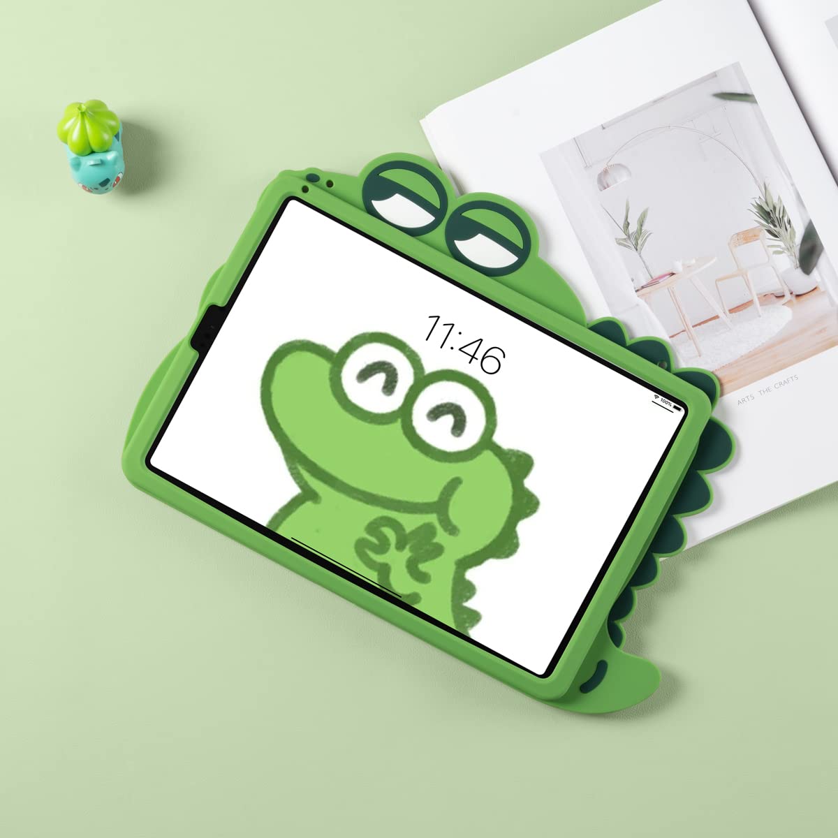 Laetass Cartoon Silicone Child Protective Cover for 2021 iPad Mini 8.3" 6th Gen A2567 A2568 A2569 with Adjustable Stand Cover, Cute Cartoon Little Dinosaur Design Shockproof Silicone Case (Green)