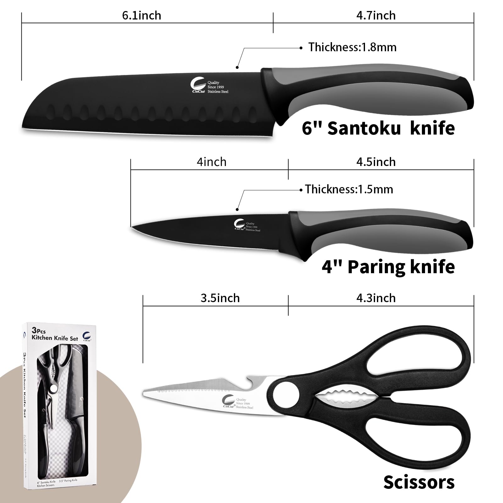 CuCut Kitchen Knife, 3 Pcs Knife Set with Multifunctional Kitchen Scissors, Santoku Knife, Paring Knife, Black Knife Set for Chef Paring Cutting Slicing Dishwasher Safe (Anti-Slip Handle)