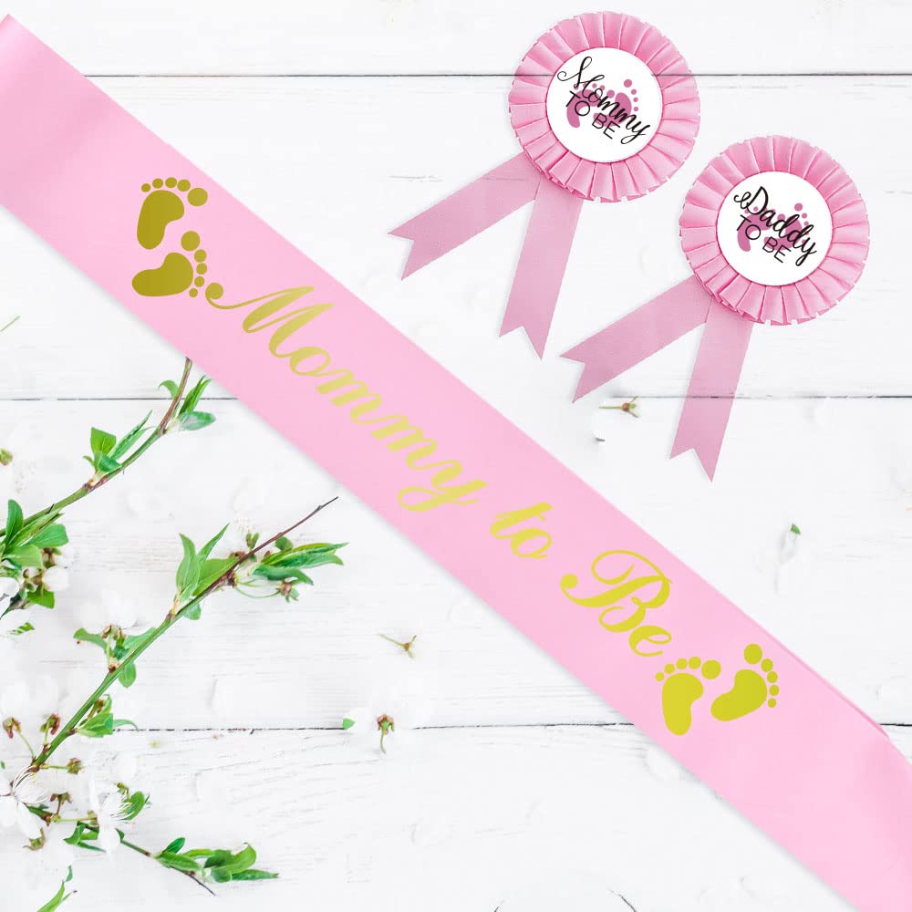 CoolerthingsDG, 3pcs, Daddy to be & Mommy to be Tinplate Badge Pink pin and one pink sash for mommy to be, with gold Letters, - Baby Shower Button New Dad Gifts Gender Reveals Party Baby Girl White and Pink Rosette Button Baby Celebration ( pink footprint