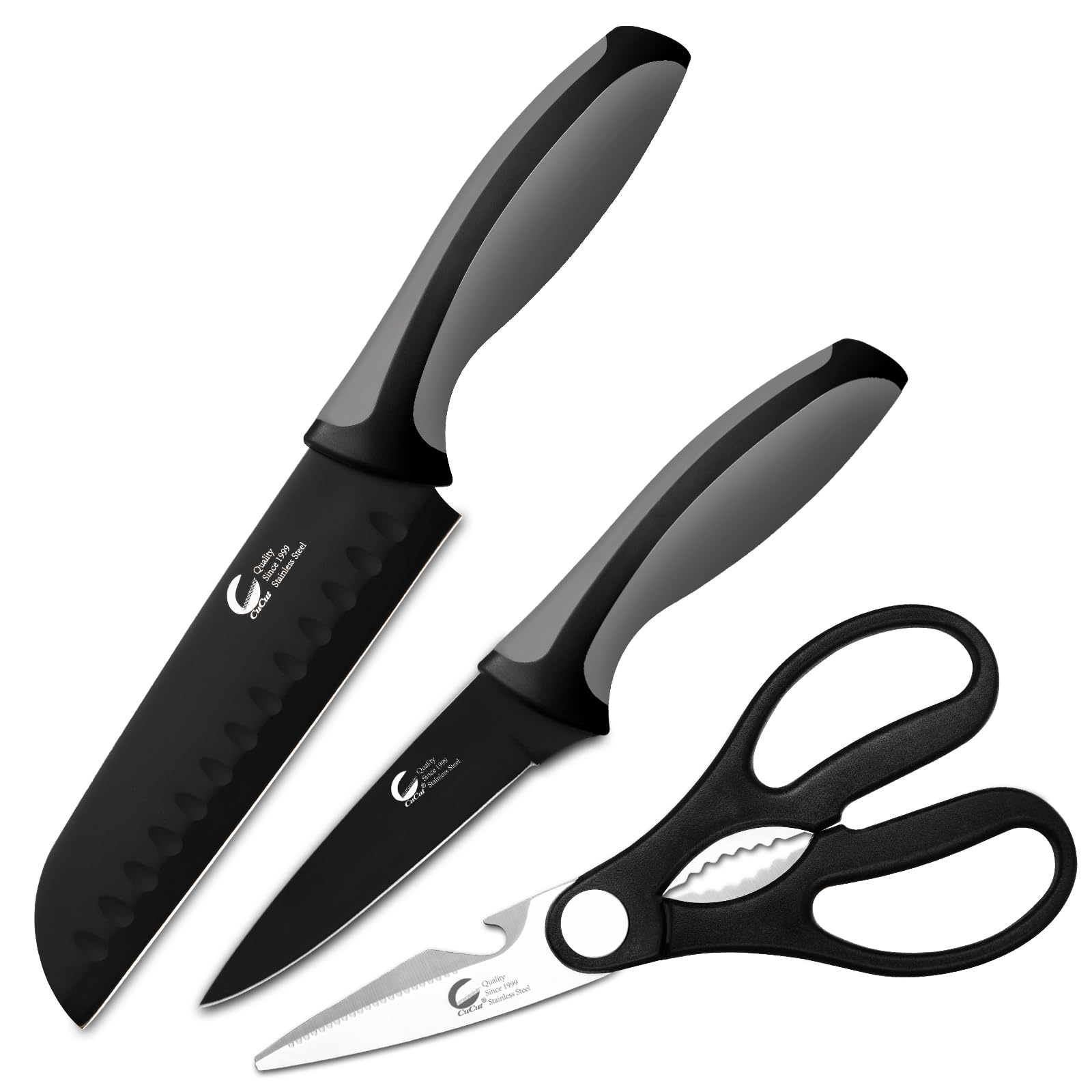 CuCut Kitchen Knife, 3 Pcs Knife Set with Multifunctional Kitchen Scissors, Santoku Knife, Paring Knife, Black Knife Set for Chef Paring Cutting Slicing Dishwasher Safe (Anti-Slip Handle)