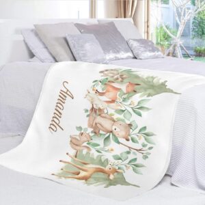 Animals Woodland Forest Personalized Baby Blanket for Girls Boys with Name Custom Soft Fleece Swadding Blankets 30'' x 40'' for Newborn Baby Infants Kids