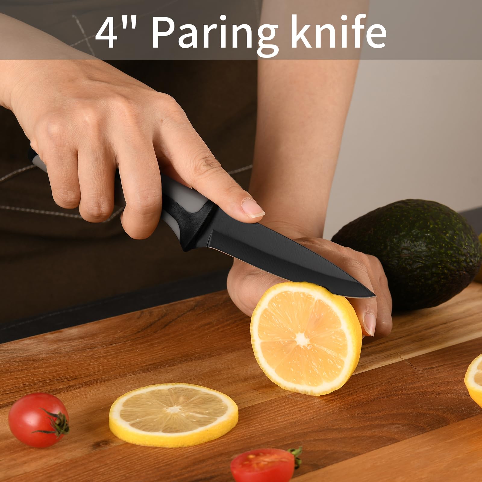 CuCut Kitchen Knife, 3 Pcs Knife Set with Multifunctional Kitchen Scissors, Santoku Knife, Paring Knife, Black Knife Set for Chef Paring Cutting Slicing Dishwasher Safe (Anti-Slip Handle)