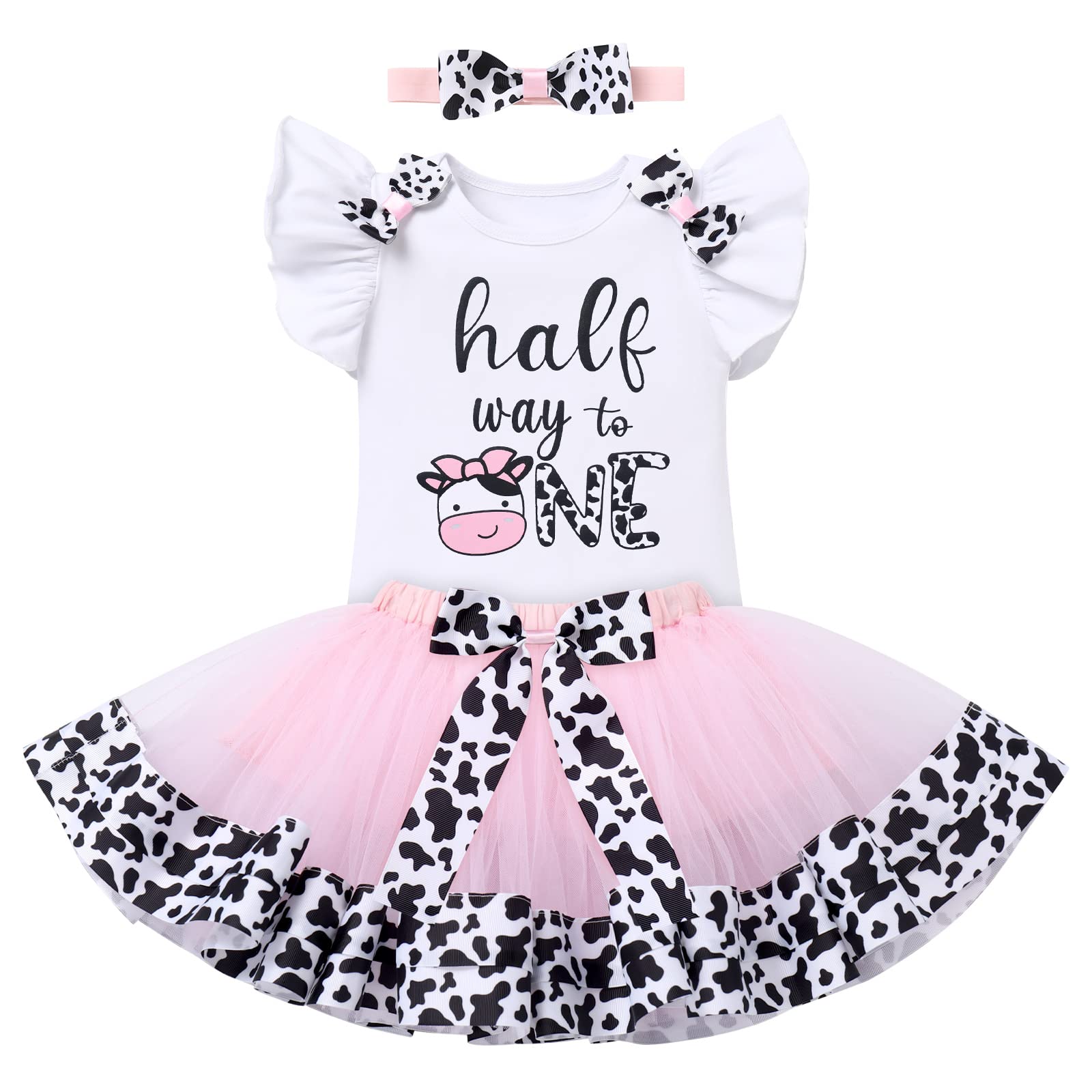 Baby Girl Cow 1/2 Birthday Outfit Farm Animal Fancy Dress up Flutter Sleeve Romper Tutu Skirt Headband Bowknot Tutu Dress 3PCS Clothes Set for Cake Smash Photo Prop Pink Cow - Half Way to One 6 Months