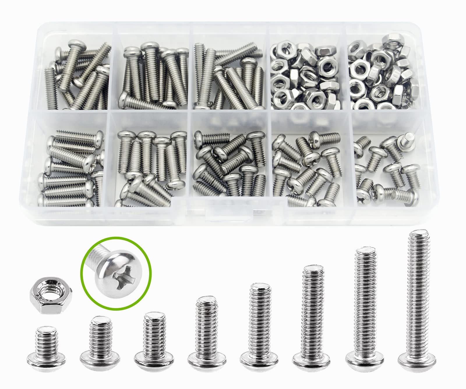 Elantek 160Pcs Metric M4 304-Stainless Steel Phillips Pan Head Machine Screws Nuts Assortment Kit- M4 x 6mm/ 8mm/ 10mm/ 12mm/ 14mm/ 16mm/ 18mm/ 20mm