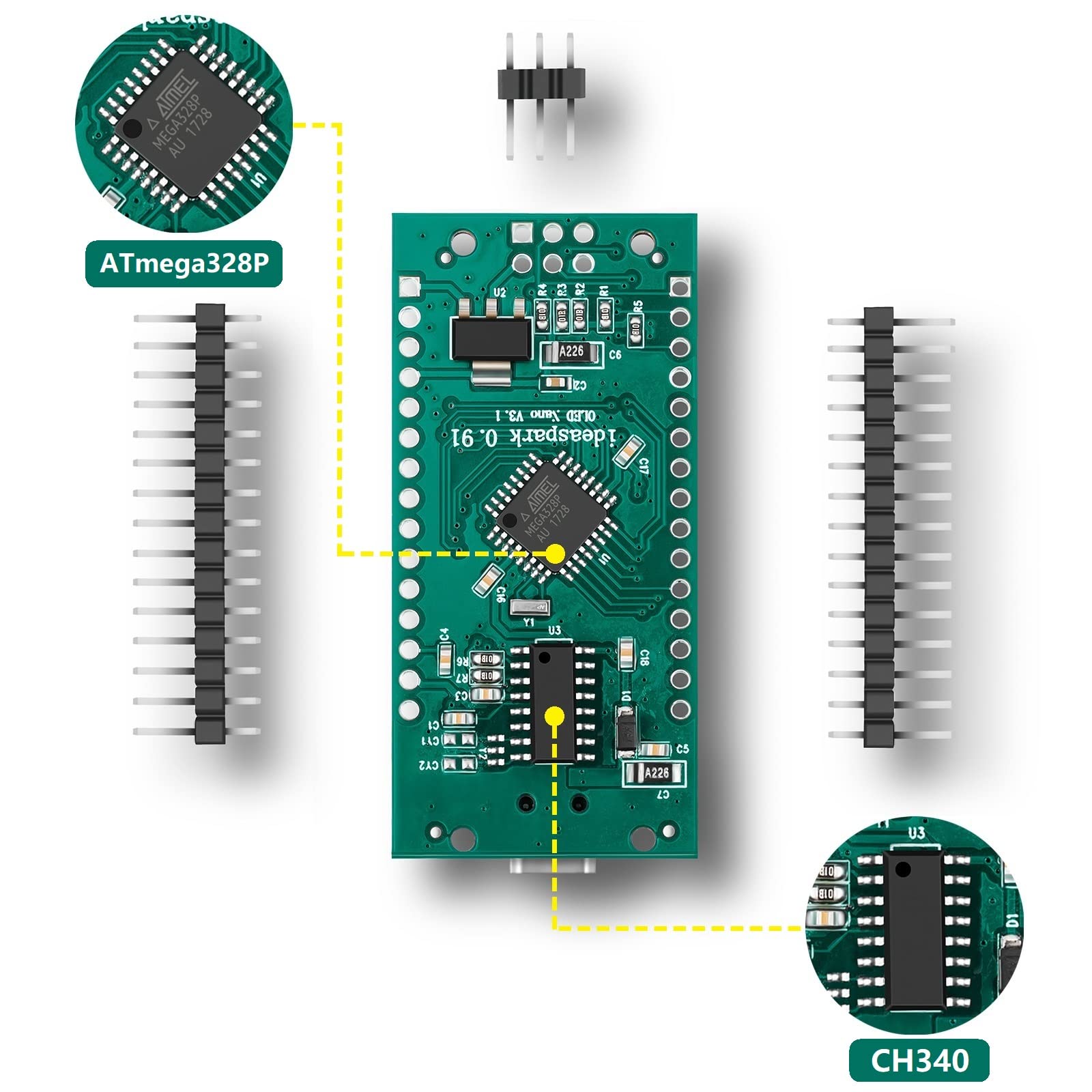 ideaSpark Nano V3.0,Nano Board ATmega328P CH340 Micro Controller Built-in 0.91'' OLED Display 128x32 SSD1306 IIC I2C Completely Compatible with Arduino Nano V3.0