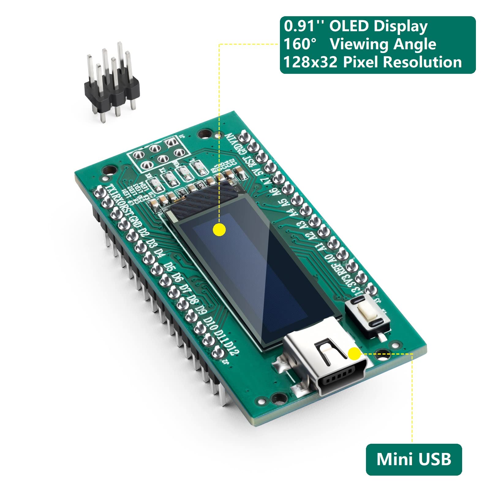 ideaSpark Nano V3.0,Nano Board ATmega328P CH340 Micro Controller Built-in 0.91'' OLED Display 128x32 SSD1306 IIC I2C Completely Compatible with Arduino Nano V3.0