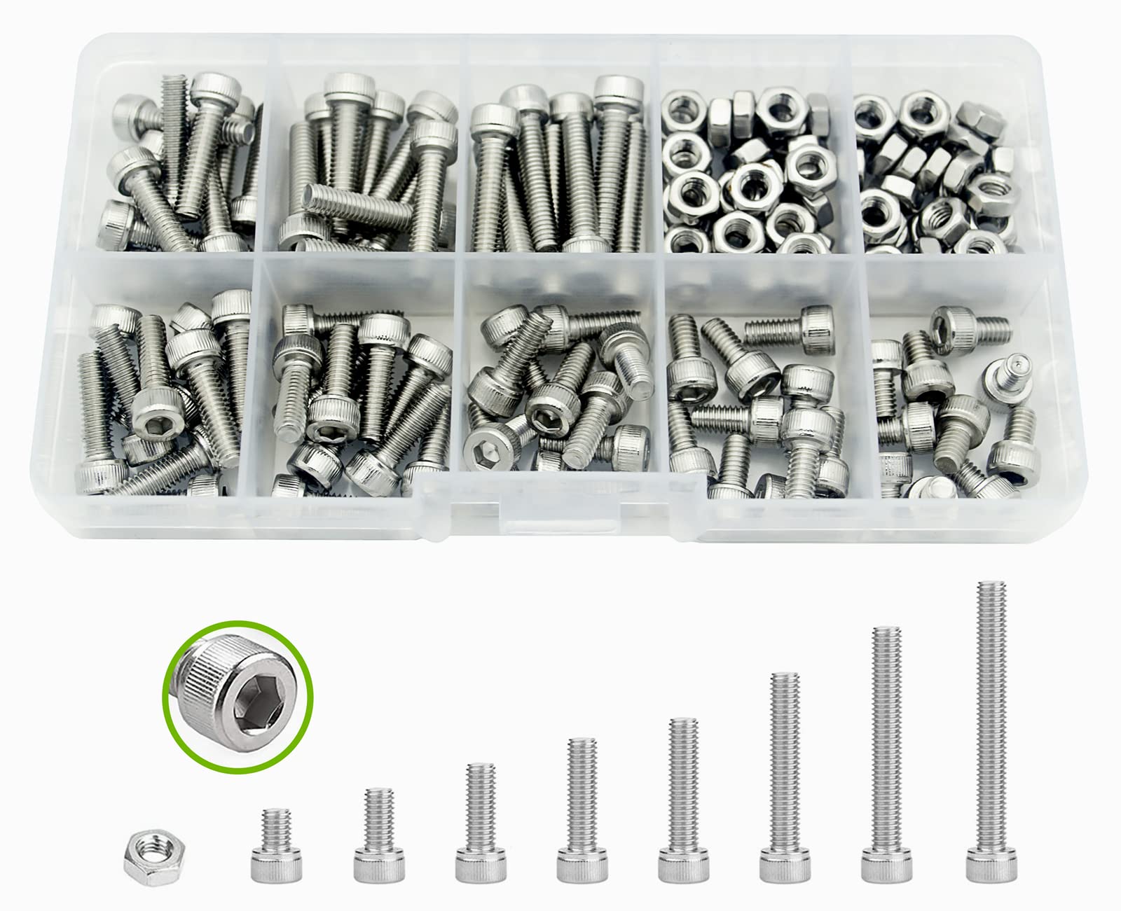 Elantek 160Pcs Metric M4 304-Stainless Steel Hex Socket Head Cap Screws Nuts Assortment Kit- M4 x 6mm/ 8mm/ 10mm/ 12mm/ 14mm/ 16mm/ 18mm/ 20mm