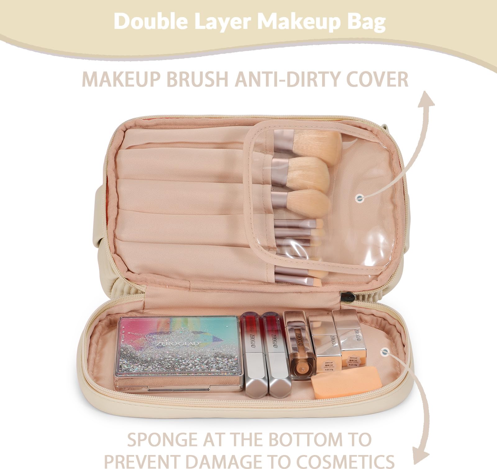 BAKLUCK Travel Makeup Bag Double Layer Large Capacity Makeup bag for Women, Cream PU Leather Toast Makeup Bag with Makeup Brush Compartment, Makeup Bag for Girls Travel Portable Beige Makeup Bag