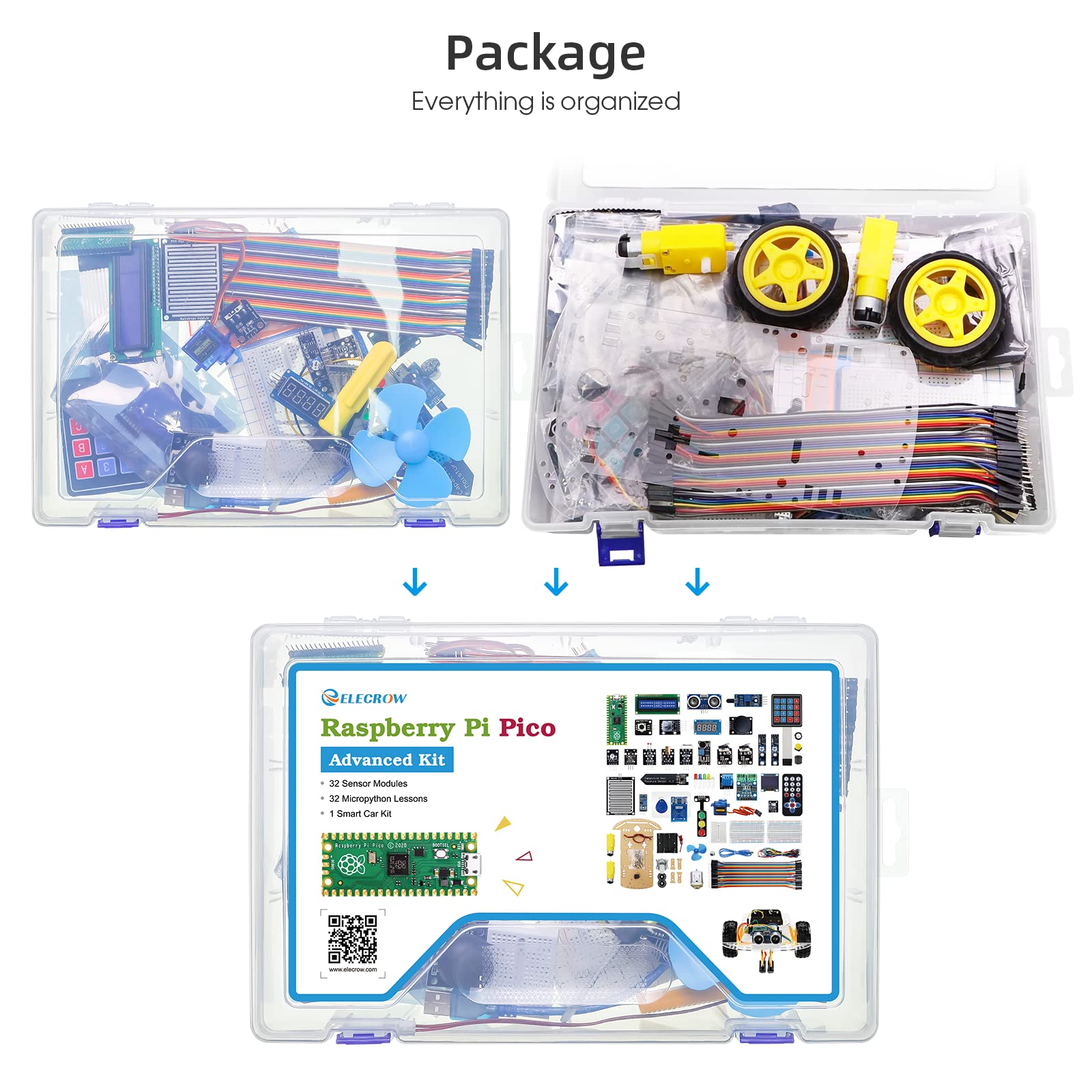 Kits for Raspberry Pi Pico, ELECROW Sensor Advanced Kit for Programming, Pi Pico Micropython 32 Projects Lessons and 32 Modules with Detailed Tutorial for Programmer