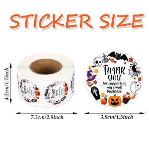 Whaline 600Pcs Halloween Stickers Roll Halloween Thank You for Business Stickers Skull Ghost Pumpkin Pattern Round Stickers for Halloween Envelopes Sealing Goodie Treat Bags Party Gift Favors Decor