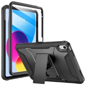 soke case for ipad 10th generation 10.9-inch 2022, with built-in screen protector and kickstand, rugged full body protective cover for new apple ipad 10.9 inch - black