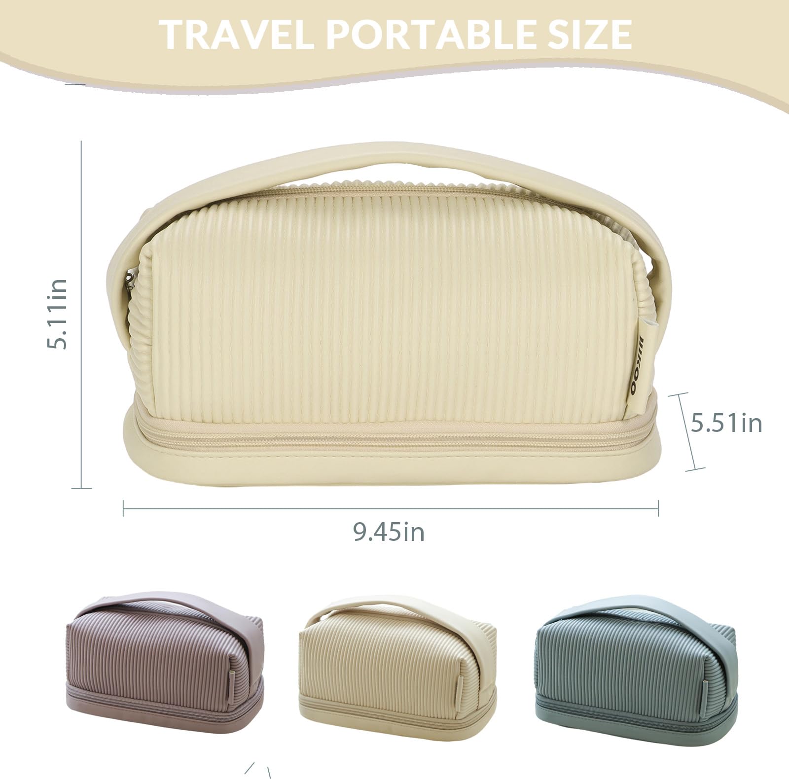 BAKLUCK Travel Makeup Bag Double Layer Large Capacity Makeup bag for Women, Cream PU Leather Toast Makeup Bag with Makeup Brush Compartment, Makeup Bag for Girls Travel Portable Beige Makeup Bag