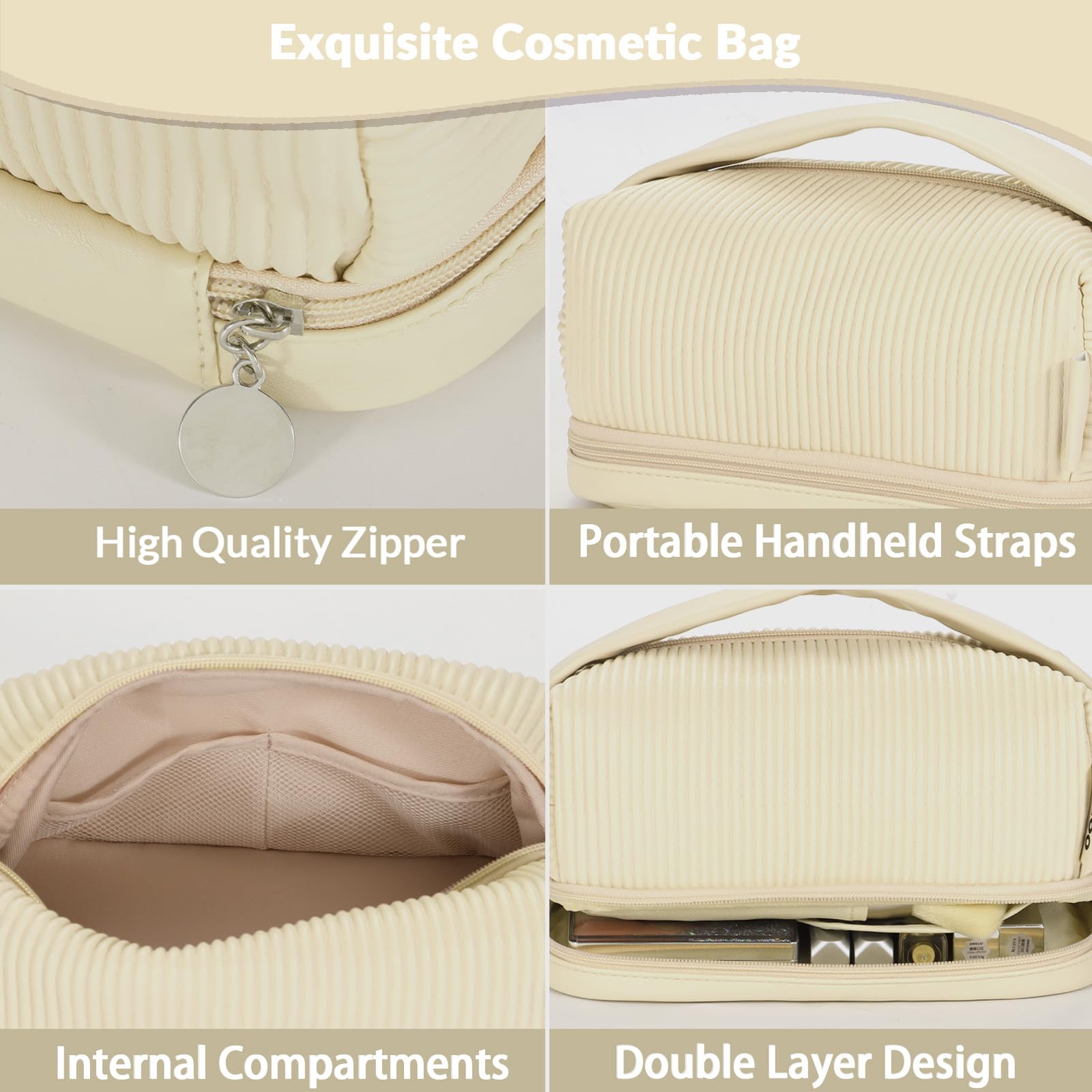 BAKLUCK Travel Makeup Bag Double Layer Large Capacity Makeup bag for Women, Cream PU Leather Toast Makeup Bag with Makeup Brush Compartment, Makeup Bag for Girls Travel Portable Beige Makeup Bag