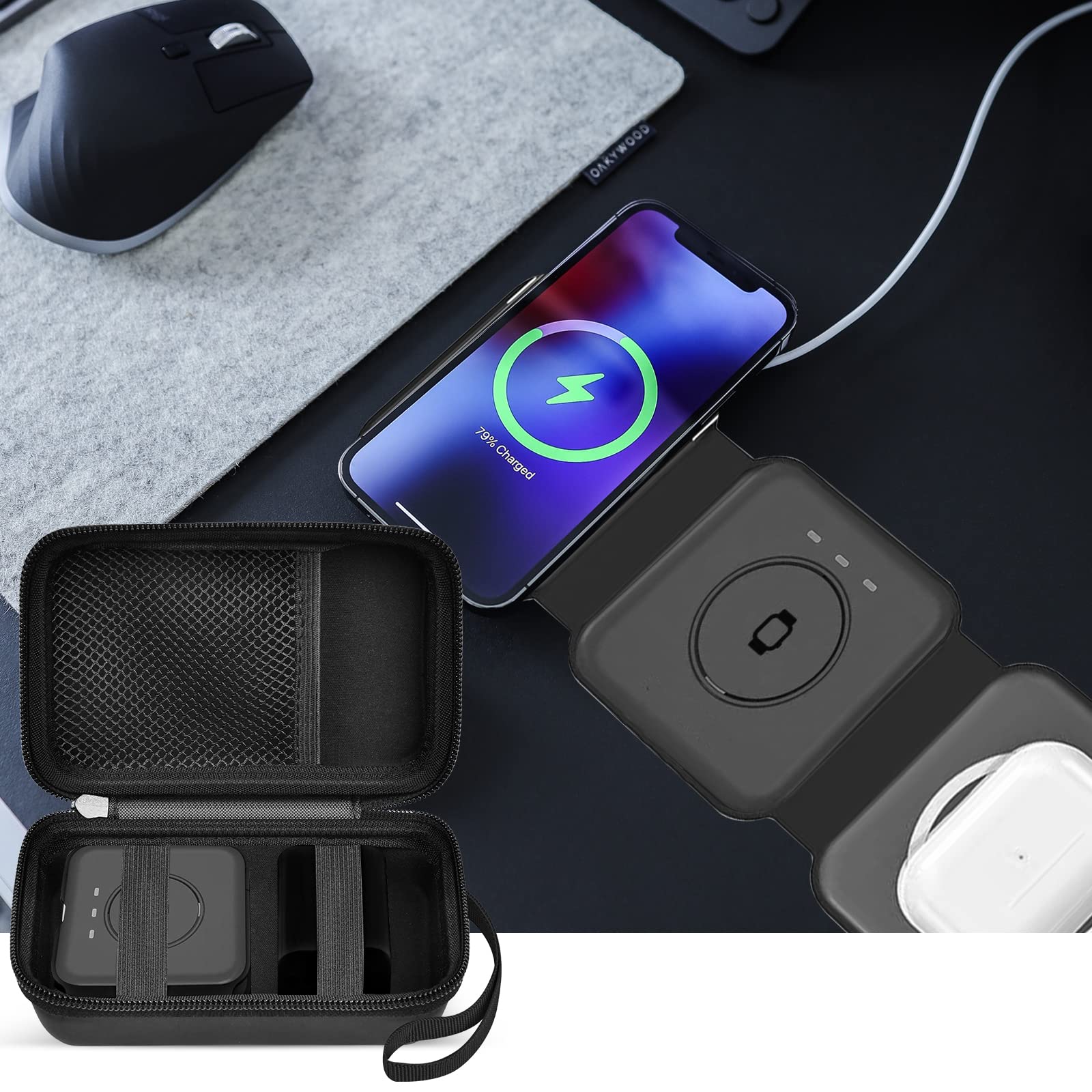 Travel Case for UCOMX for Nano/for Iseyyox/for LISEN/for RTOPS 3 in 1 Wireless Charger, Foldable Magnetic Charging Station Storage Holder Bag for Fast Charge Pad Cable and Adapter -Box Only (Black)