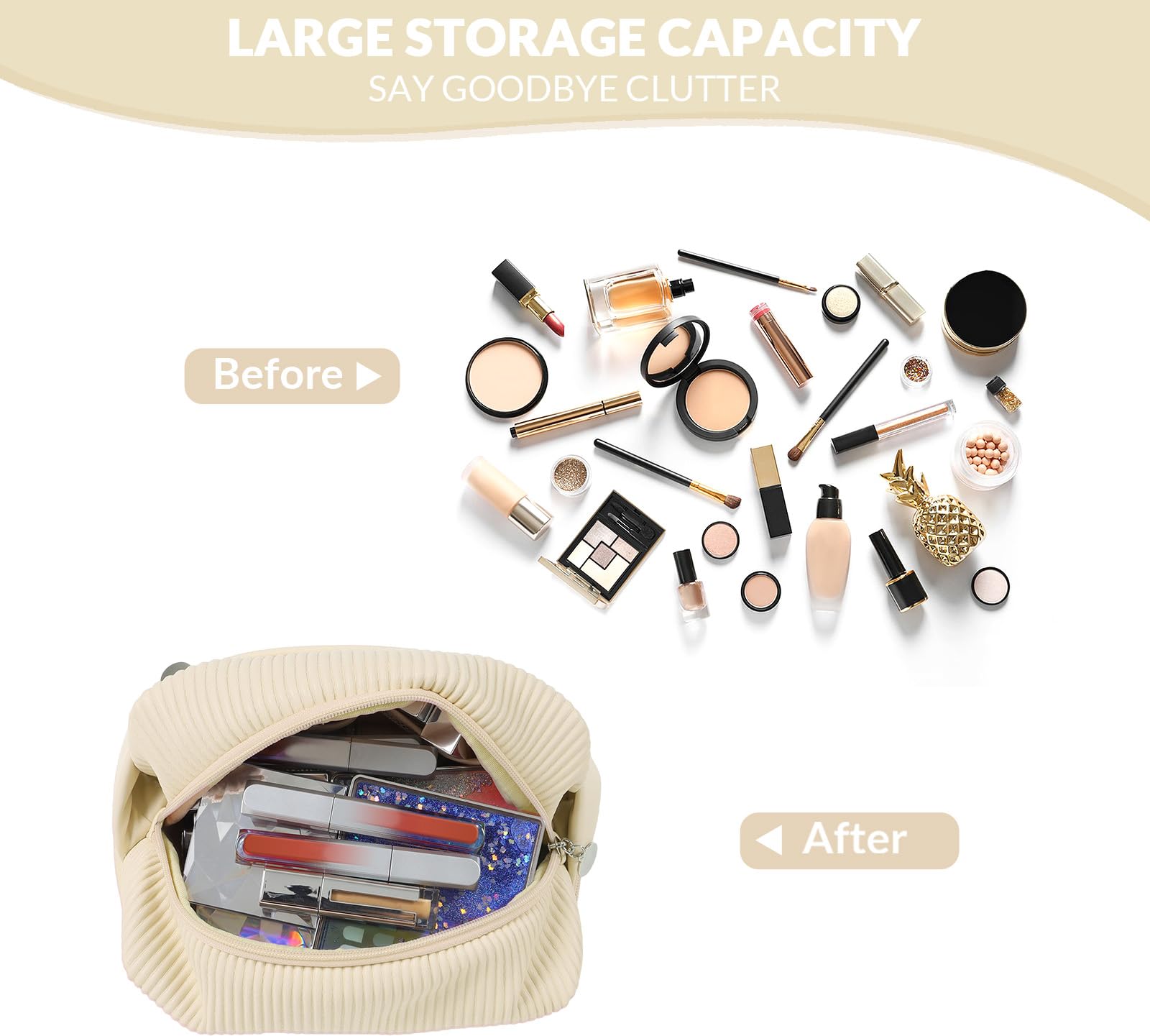 BAKLUCK Travel Makeup Bag Double Layer Large Capacity Makeup bag for Women, Cream PU Leather Toast Makeup Bag with Makeup Brush Compartment, Makeup Bag for Girls Travel Portable Beige Makeup Bag