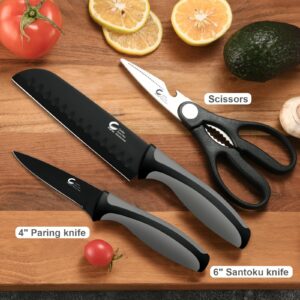 CuCut Kitchen Knife, 3 Pcs Knife Set with Multifunctional Kitchen Scissors, Santoku Knife, Paring Knife, Black Knife Set for Chef Paring Cutting Slicing Dishwasher Safe (Anti-Slip Handle)