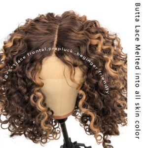 MITIMTES 16inch P4/27 Omber Honey Blonde Highlight HD Glueless Curly Lace Front Wig Pre Plucked with Babyhair Human Hair Blend Synthetic Short Curly Frontal Wig for Black Women