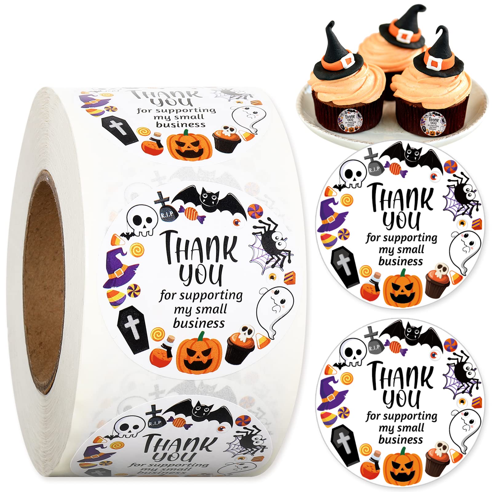 Whaline 600Pcs Halloween Stickers Roll Halloween Thank You for Business Stickers Skull Ghost Pumpkin Pattern Round Stickers for Halloween Envelopes Sealing Goodie Treat Bags Party Gift Favors Decor