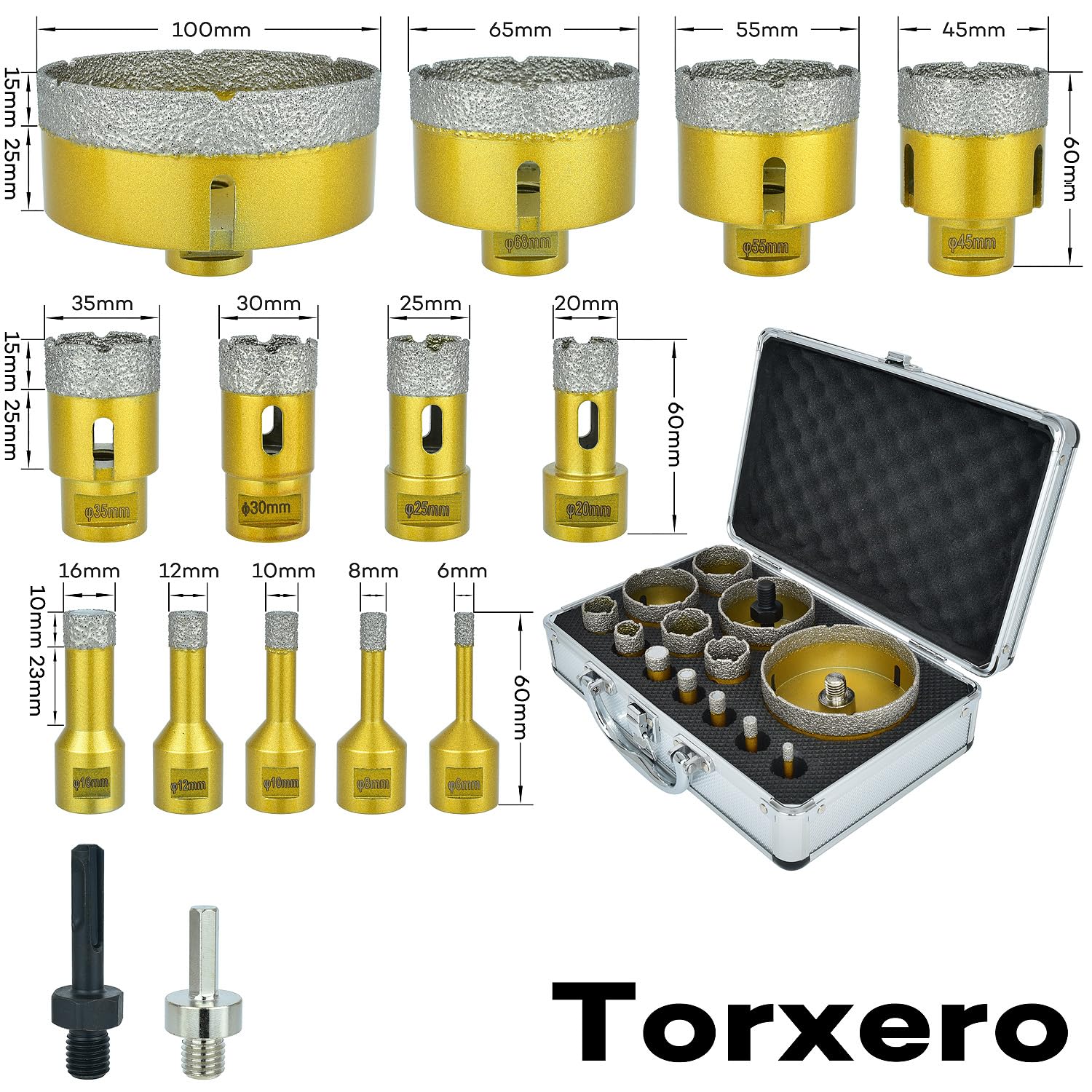 Diamond Hole Saw Kit 15PCS Tile Hole Saw 5/8-11 Thread - Diamond Drill Bits for Porcelain Tile - Diamond Hole Saw - Diamond Drill Bits - Diamond Bit - 6/8/10/12/16/20/25/30/35/45/55/68/100mm+adapters