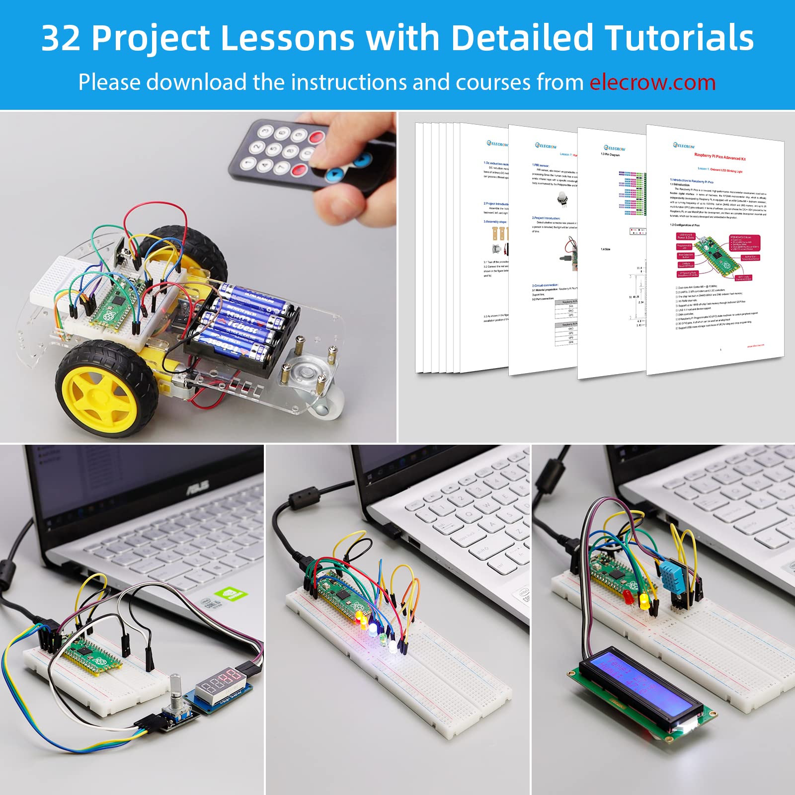 Kits for Raspberry Pi Pico, ELECROW Sensor Advanced Kit for Programming, Pi Pico Micropython 32 Projects Lessons and 32 Modules with Detailed Tutorial for Programmer