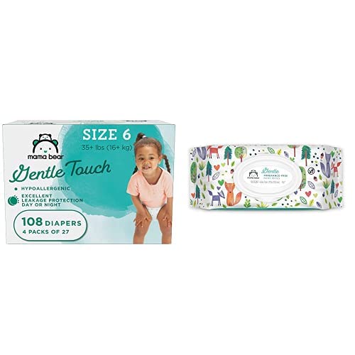 Amazon Brand - Mama Bear Gentle Touch Diapers, Hypoallergenic, Size 6, 108 Count (4 packs of 27) & Gentle Fragrance-Free Baby Wipes, Hypoallergenic 100 Count (Pack of 8), Shipped Separately