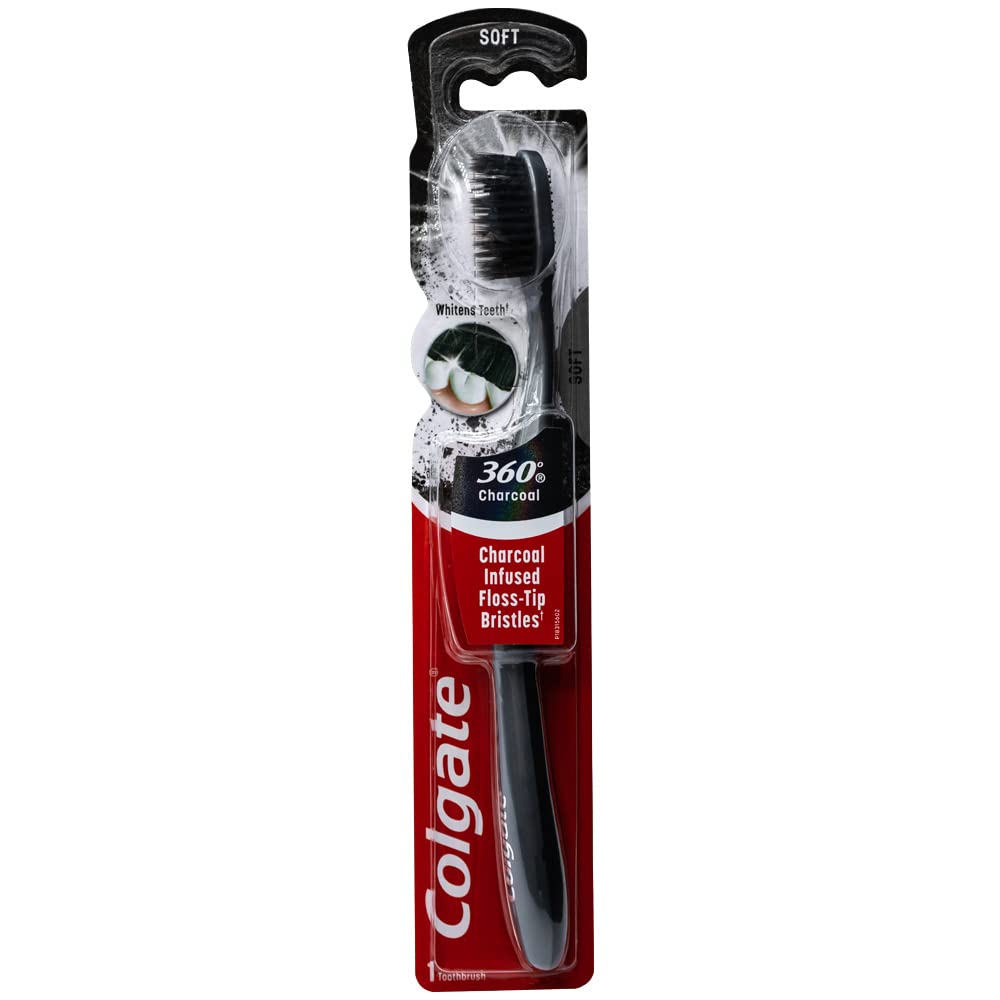 Colgate 360 Charcoal Infused Toothbrush, Floss-Tip Bristles, Soft (Colors Vary) - 1 Count