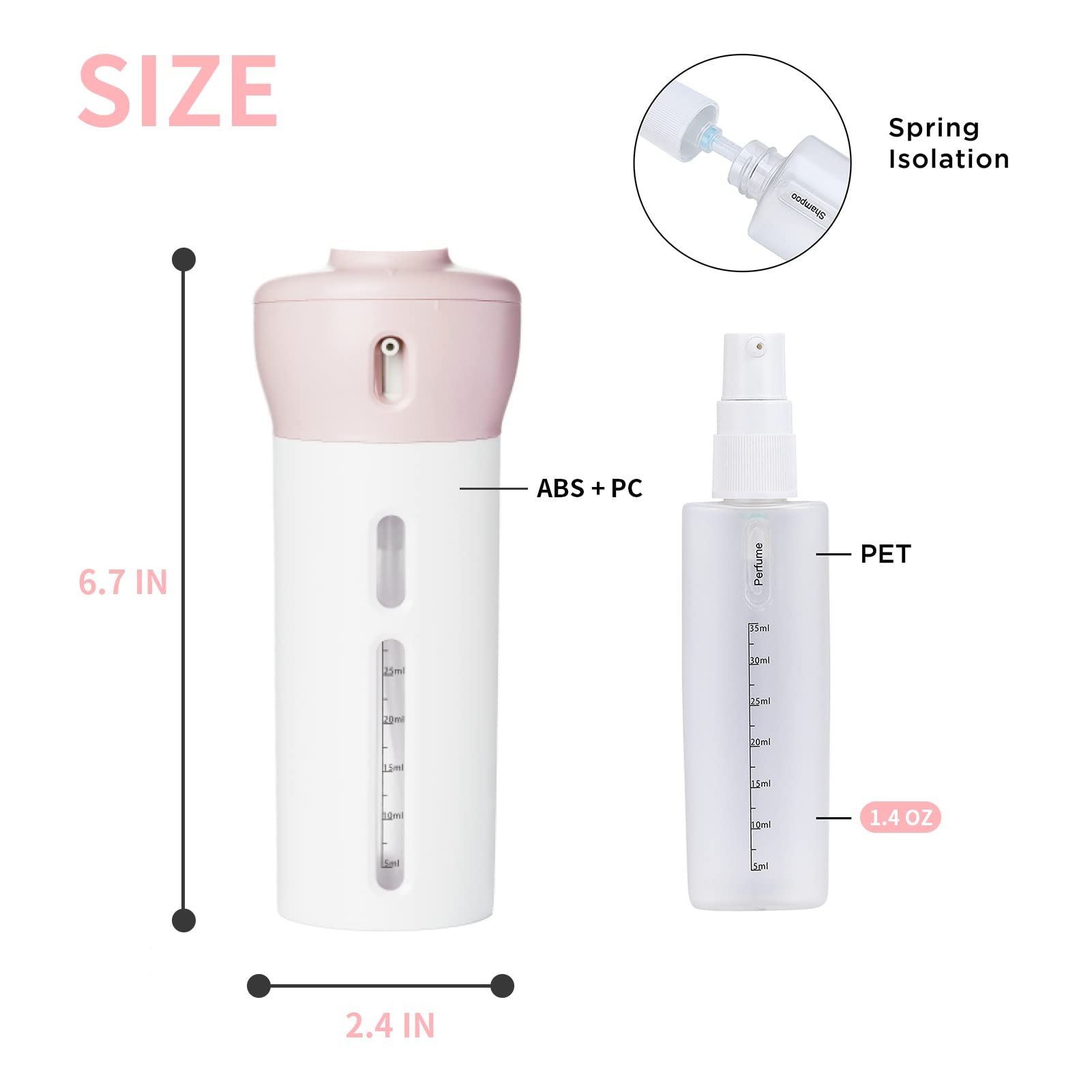 2 Pack 4 in 1 Travel Dispenser Bottle Leak Proof Container for Toiletries，Lotions，Shampoo，Conditioner，Sunscreen Cream.TSA Approved.Airplane Carry-on.（Pink+Gray）