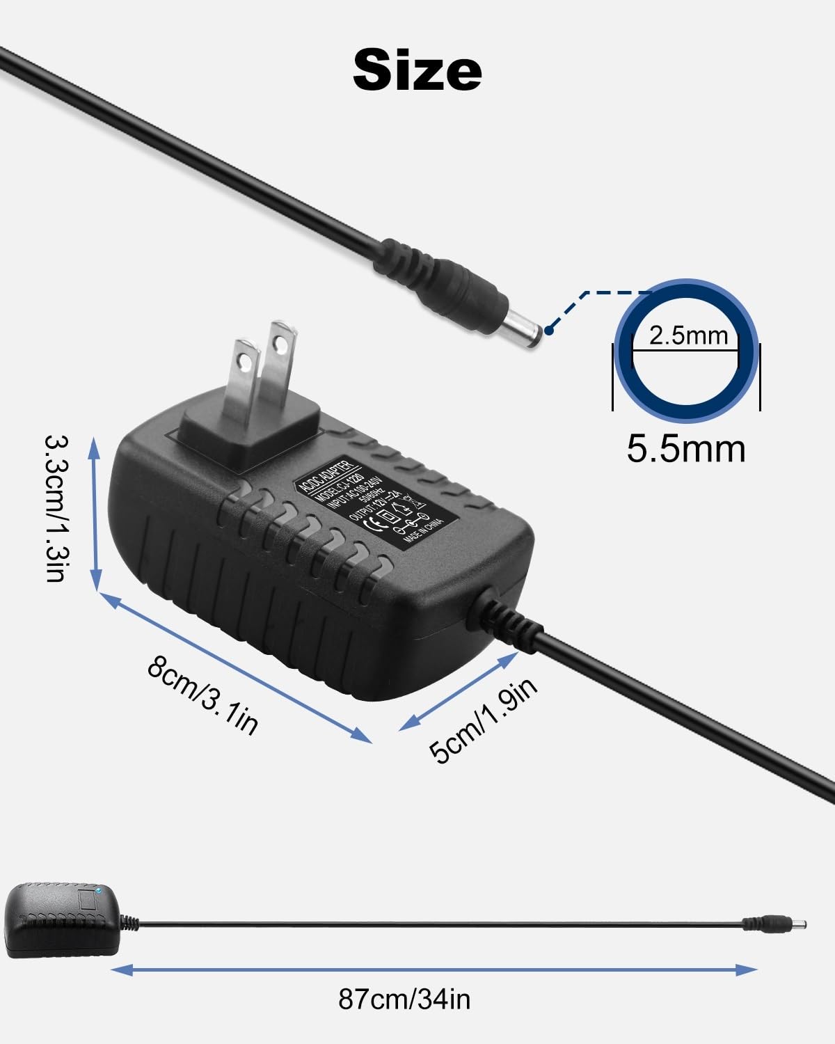 DC 12 Volt 2 Amp Power Supply 2A AC Adapter 100-240V 50-60Hz AC to DC 12V Power Cord with 5.5mmx2.5mm DC Outlet Plug & 10 Sizes of Tips for LED Strip Light Speaker Router CCTV Camera [ DC 12V 2A ]