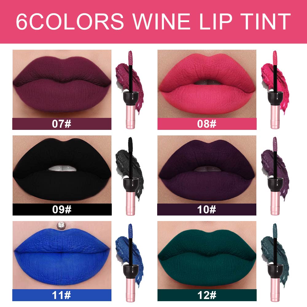 evpct 6 Colors Dark Black Blue Green Purple Rose Red Matte Liquid Lipstick for Women, Wine Lip Tint Stain Makeup Sets Long Lasting Waterproof Wine Bottle Colored 24 Hours Lipstick Lip Stain Peel off