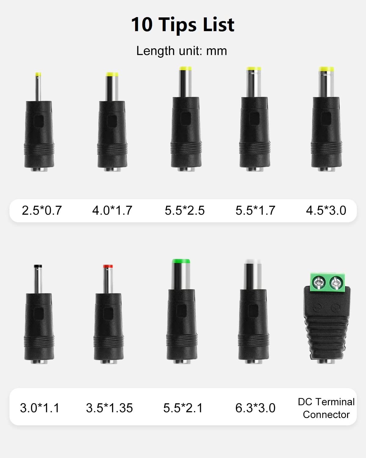 DC 12 Volt 2 Amp Power Supply 2A AC Adapter 100-240V 50-60Hz AC to DC 12V Power Cord with 5.5mmx2.5mm DC Outlet Plug & 10 Sizes of Tips for LED Strip Light Speaker Router CCTV Camera [ DC 12V 2A ]