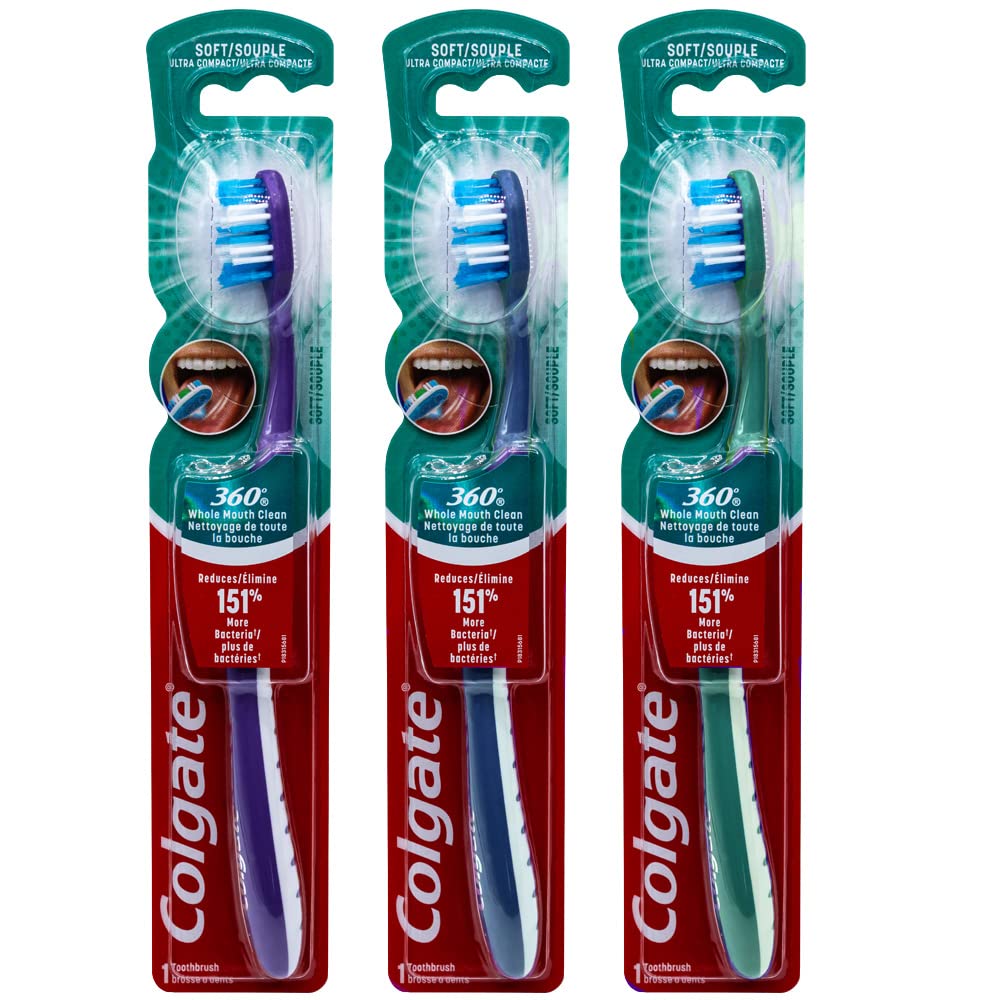 Colgate 360 Whole Mouth Clean Toothbrush, Ultra Compact Head, Soft (Colors Vary) - Pack of 3