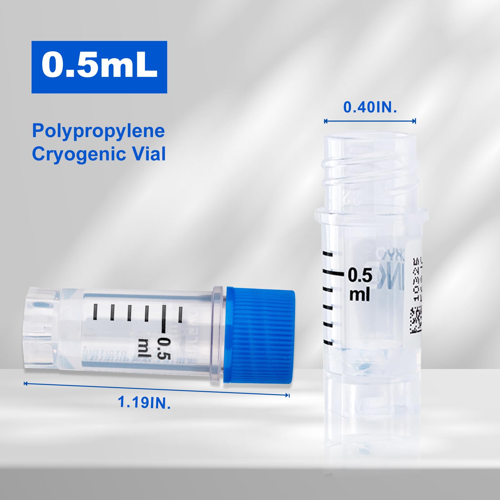 CryoKING 0.5ml Cyogenic Vials, Cryogenic Vials with External Thread Blue Caps, Sterile Vials with Self-Standing Bottom, No Bottom Code, with Side Barcode, Bag of 25