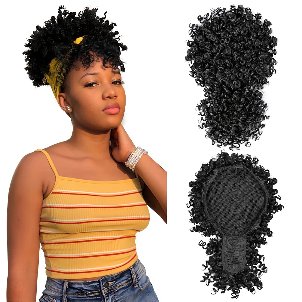 MODSIGHT Afro Puff Drawstring Ponytail with Bangs, Black Kinky Curly Ponytail Bun with Bangs Updo Hairpieces, Short Afro Puffs with Bang for Black Women (Natural Black 1B)