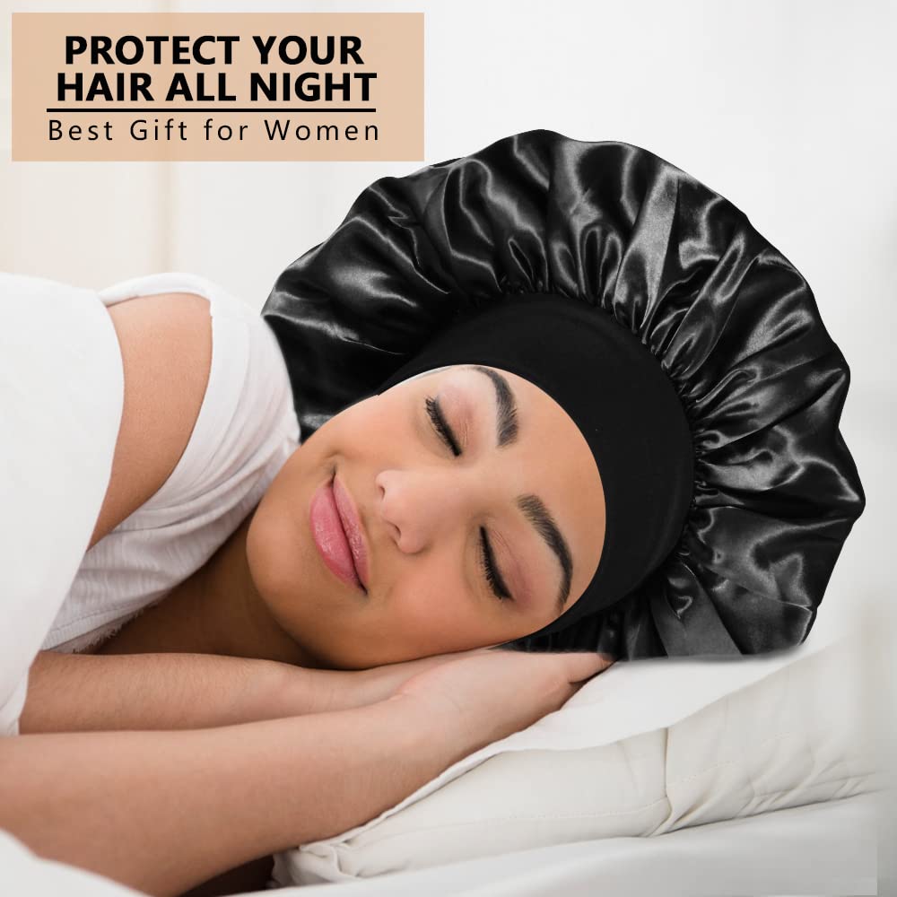 3PCS Extra Large Satin Bonnets for Sleeping, Hair Bonnets for Black Women Braids Curly Hair, C