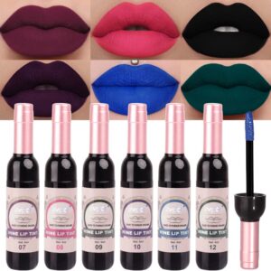 evpct 6 Colors Dark Black Blue Green Purple Rose Red Matte Liquid Lipstick for Women, Wine Lip Tint Stain Makeup Sets Long Lasting Waterproof Wine Bottle Colored 24 Hours Lipstick Lip Stain Peel off