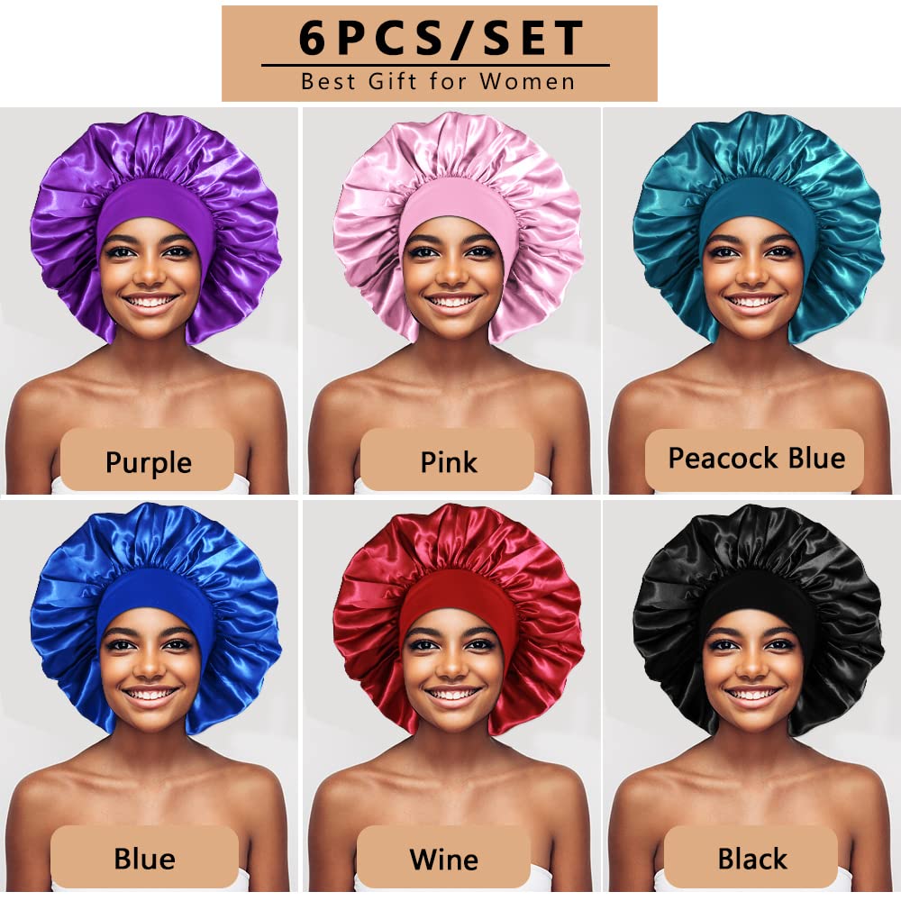 6PCS Extra Large Satin Bonnets for Sleeping, Hair Bonnets for Black Women Braids Curly Hair, A