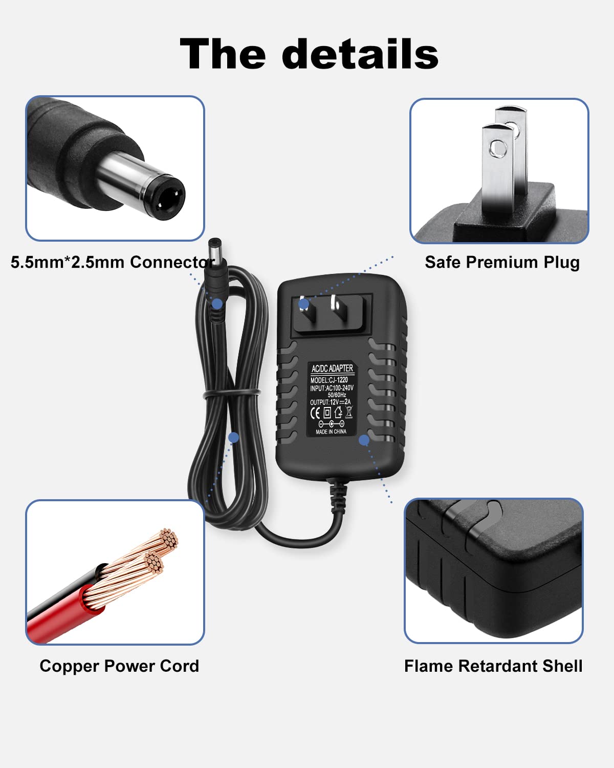 DC 12 Volt 2 Amp Power Supply 2A AC Adapter 100-240V 50-60Hz AC to DC 12V Power Cord with 5.5mmx2.5mm DC Outlet Plug & 10 Sizes of Tips for LED Strip Light Speaker Router CCTV Camera [ DC 12V 2A ]