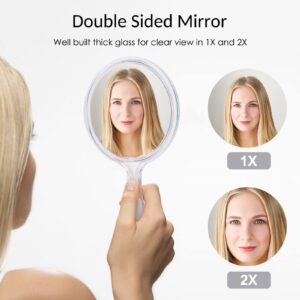 D Handheld Mirror with Handle, Hand Mirror Small Doule Sided Magnifying Mirror 1X 2X, Handle Makeup Mirror, Acrylic Handheld Mirror Rounded Shape, Transparent 1 PCS