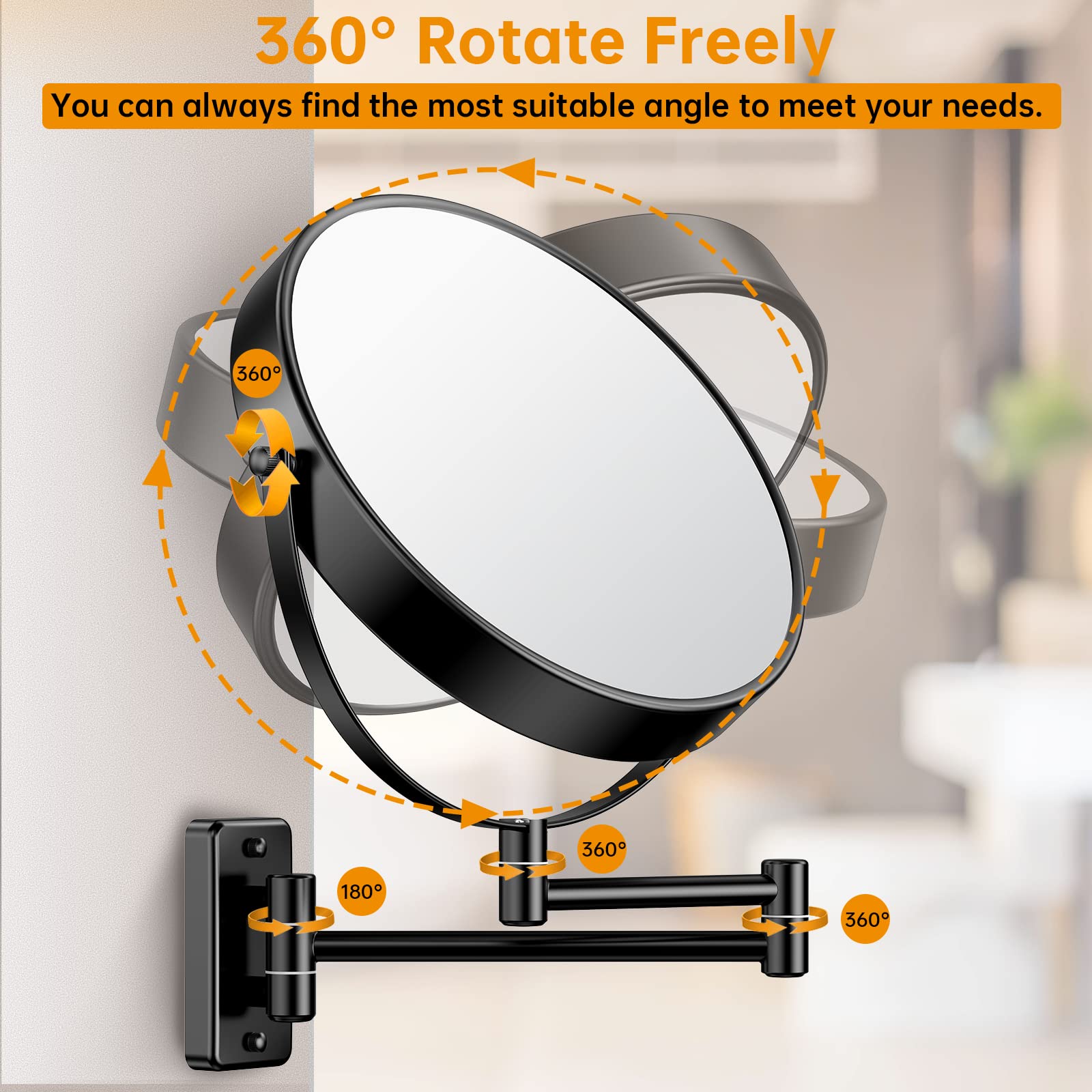 Anfauny 9 Inch Wall Mounted Makeup Mirror - 1X/10X Double-Sided Magnifying Mirror - 360° Swivel Vanity Mirror [Foldable & Extendable Design & Anti-Rust] Shaving Cosmetic Wall Mirror for Bathroom