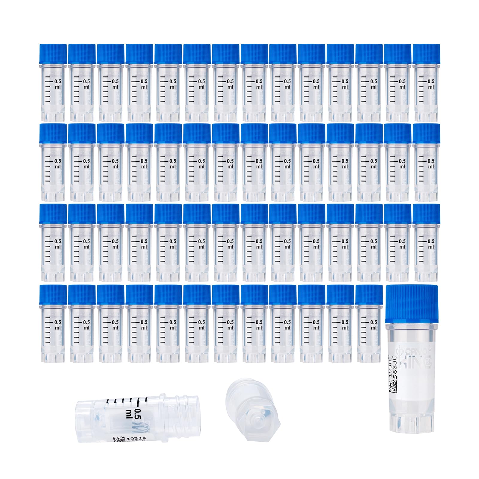 CryoKING 0.5ml Cyogenic Vials, Cryogenic Vials with External Thread Blue Caps, Sterile Vials with Self-Standing Bottom, No Bottom Code, with Side Barcode, Bag of 25