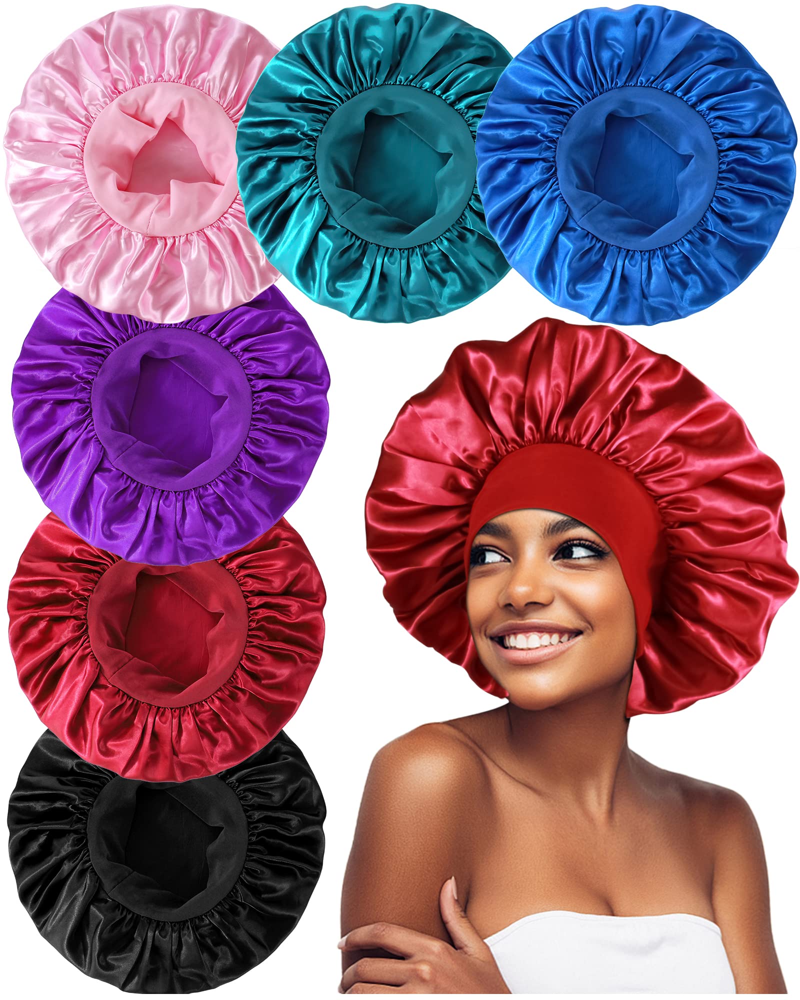 6PCS Extra Large Satin Bonnets for Sleeping, Hair Bonnets for Black Women Braids Curly Hair, A