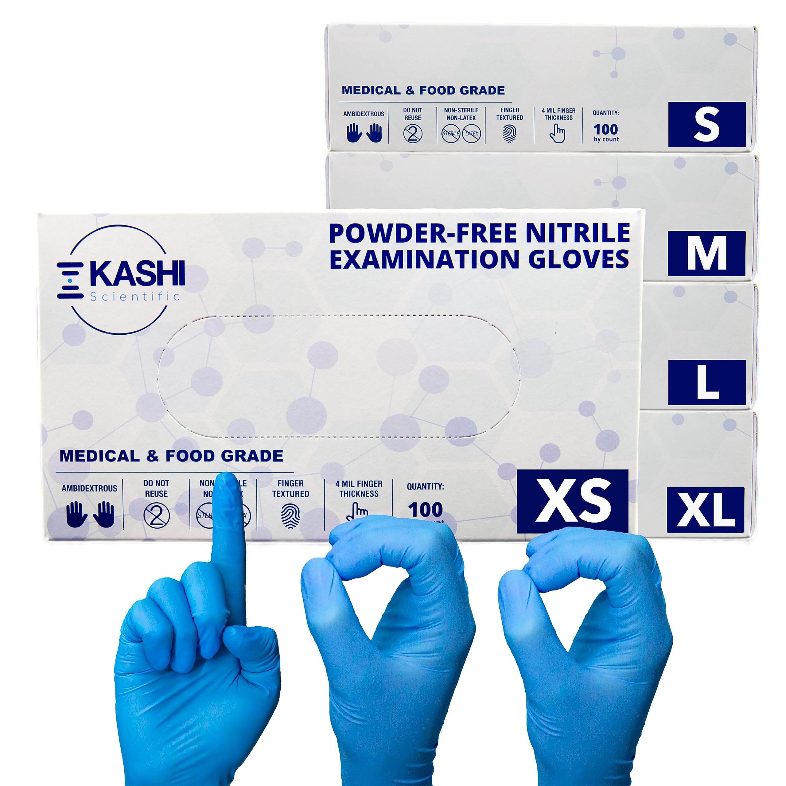 Kashi Scientific Medical Examination Nitrile Gloves - Medium - Powder-Free, Latex-Free, Finger Tip Textured Gloves, 4 mil Thick Blue Glove, Patient Safe, Food Safe - Box of 100 Nitrile Exam Gloves