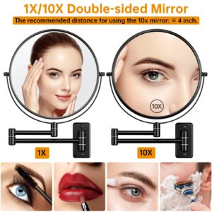 Anfauny 9 Inch Wall Mounted Makeup Mirror - 1X/10X Double-Sided Magnifying Mirror - 360° Swivel Vanity Mirror [Foldable & Extendable Design & Anti-Rust] Shaving Cosmetic Wall Mirror for Bathroom